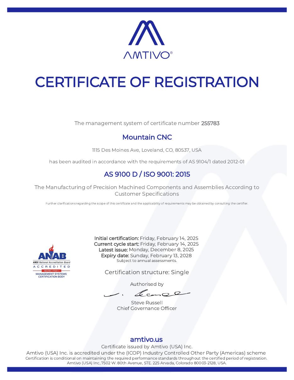 Mountain CNC AS9100D and ISO 9001 certificate issued by Amtivo